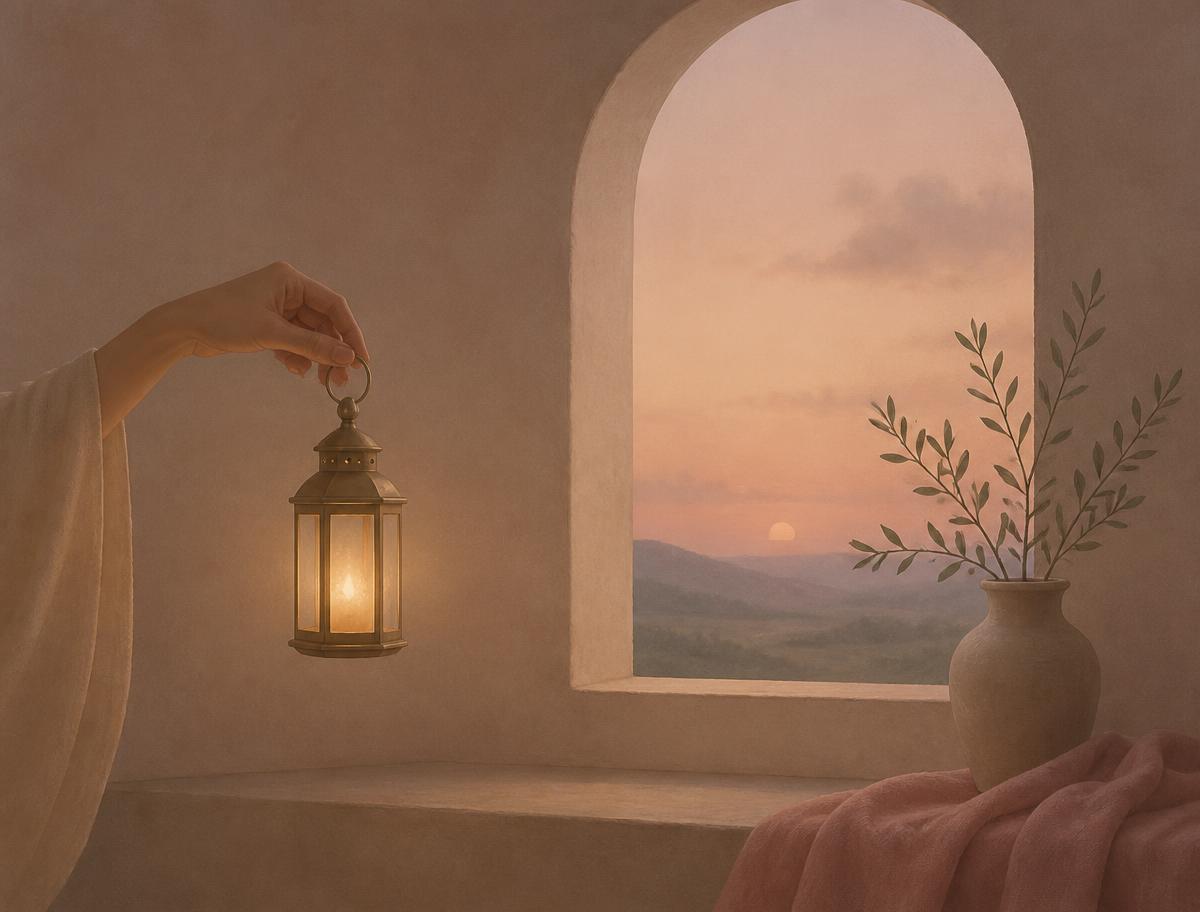 يد تحمل مصباحًا مضيئًا بجوار نافذة هادئة عند الغروب